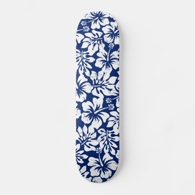 Tropical worn white hibiscus skateboard (Front)