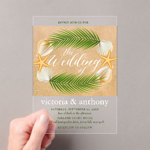 Tropical Wreath Sandy Beach Wedding Acrylic Invitations
