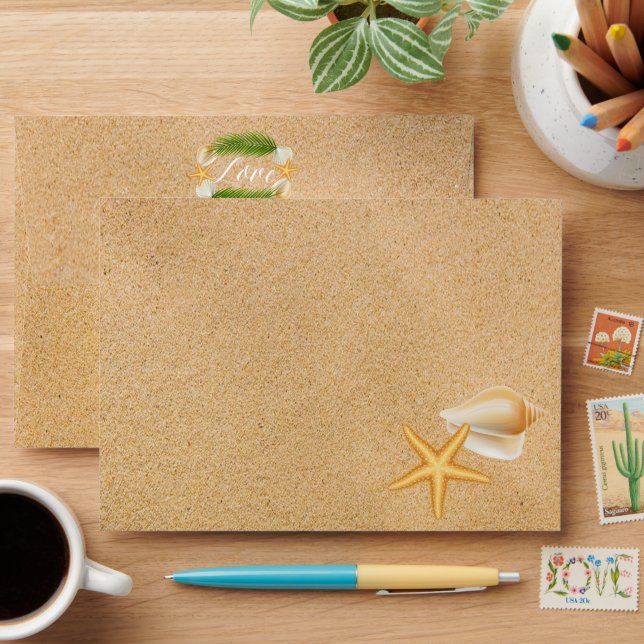 Tropical Wreath Sandy Beach Wedding Envelope (Desk)