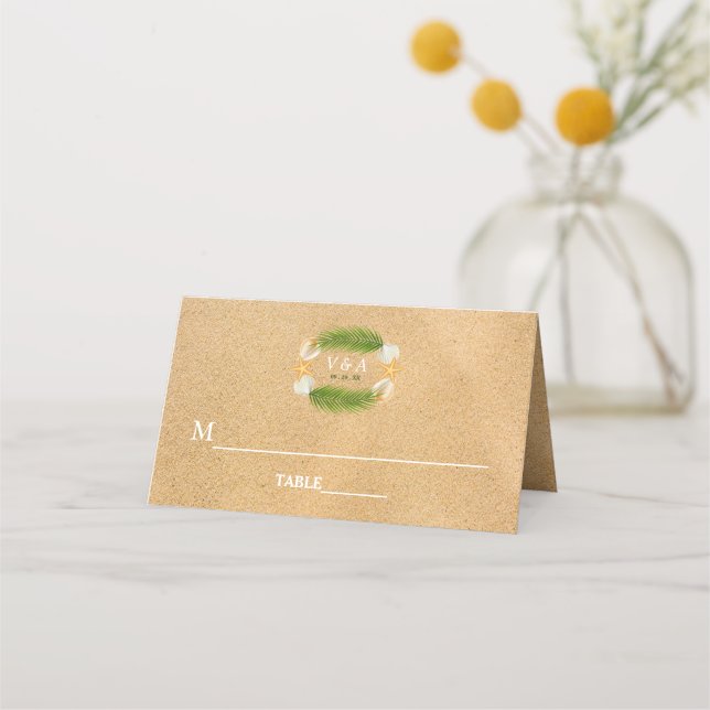 Tropical Wreath Sandy Beach Wedding Place Card (Front)