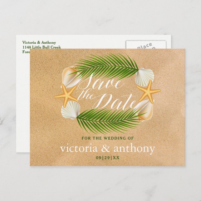 Tropical Wreath Sandy Beach Wedding Save The Date Announcement Postcard (Front/Back)