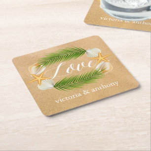 Tropical Wreath Sandy Beach Wedding Square Paper Coaster