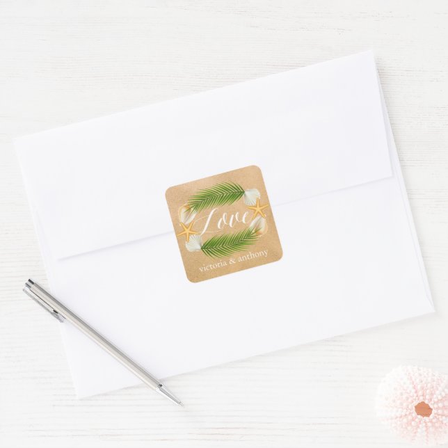 Tropical Wreath Sandy Beach Wedding Square Sticker (Envelope)