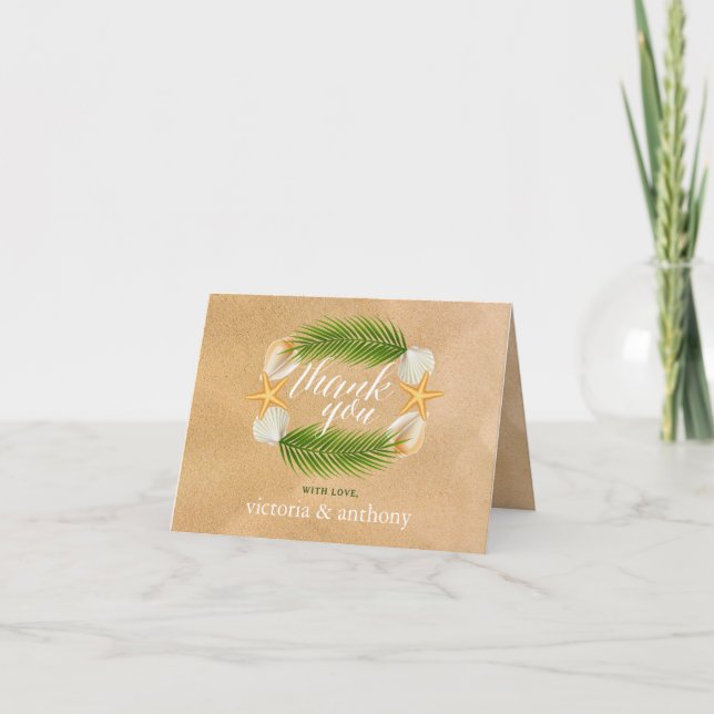 Tropical Wreath Sandy Beach Wedding Thank You Card (Front)