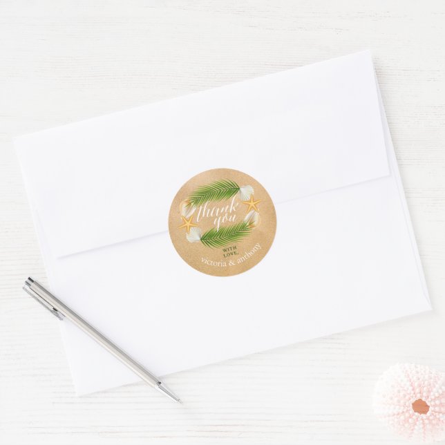 Tropical Wreath Sandy Beach Wedding Thank You Classic Round Sticker (Envelope)