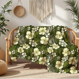 Tropical Yellow and Green Floral Fleece Blanket