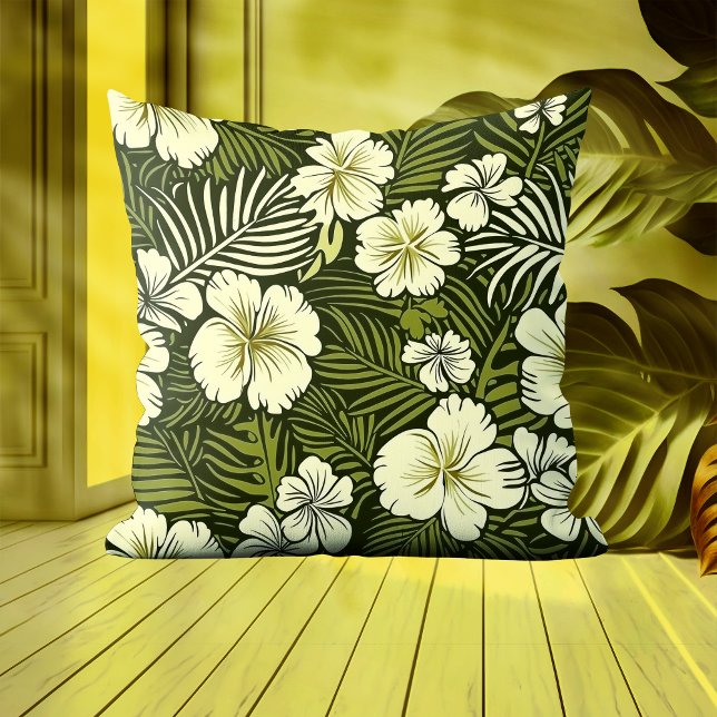 Tropical Yellow and Green Floral Throw Pillow (Creator Uploaded)