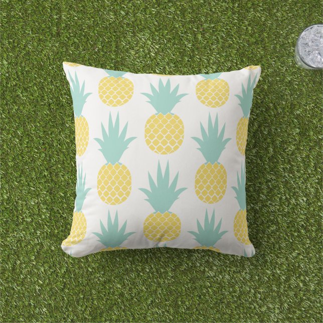Tropical Yellow and Mint Pineapple Pattern Outdoor Pillow (Grass)