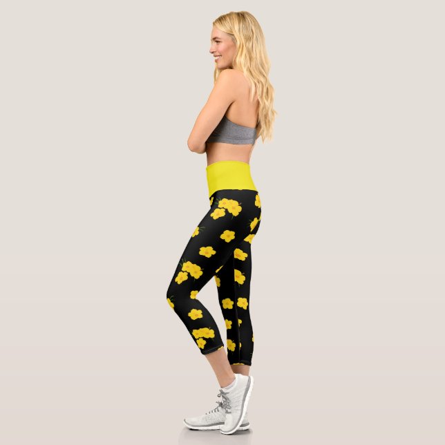 Tropical Yellow Black Floral Hibiscus Flowers Capri Leggings (Left)