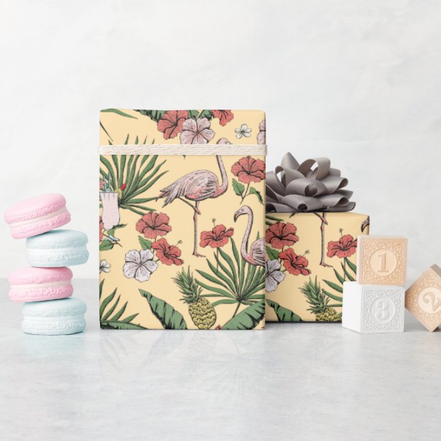Tropical Yellow Flamingo Floral Pattern Wrapping Paper (Baby Shower)