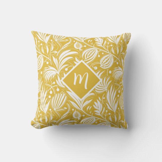 Tropical Yellow Floral Pattern Diamond Monogram  Throw Pillow (Front)