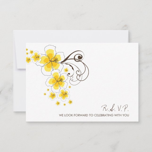 Tropical Yellow Hibiscus Beach Destination Wedding RSVP Card (Front)