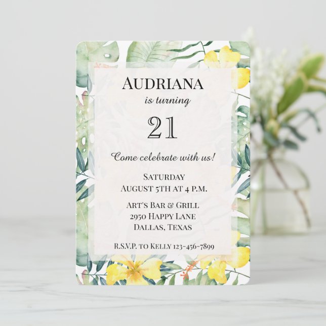 Tropical Yellow Hibiscus Floral Leaves Birthday Invitation (Standing Front)