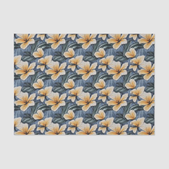 Tropical Yellow Hibiscus Floral On Blue Background Tissue Paper (Front)