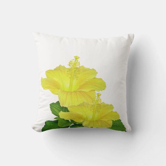 Tropical Yellow Hibiscus on a White Square Outdoor Pillow (Front)