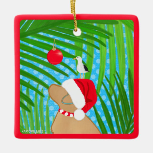 Tropical Yellow Lab Santa Dog Christmas Ornament (Front)