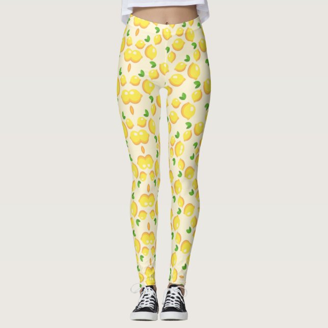 tropical yellow Lemon pattern on beige Leggings (Front)