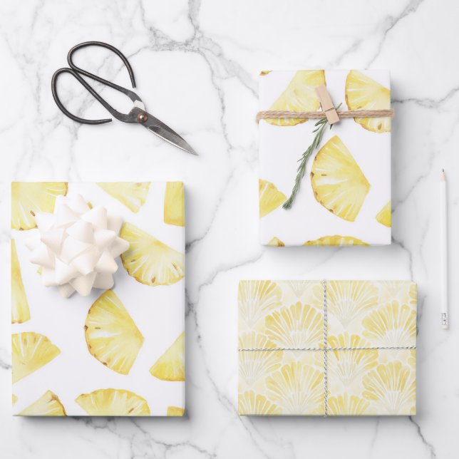Tropical Yellow Pineapples Birthday Wrapping Paper Sheet (Front)