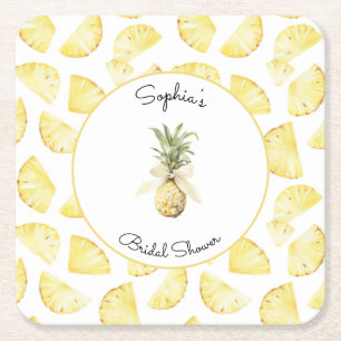 Tropical Yellow Pineapples Bridal Shower Square Paper Coaster