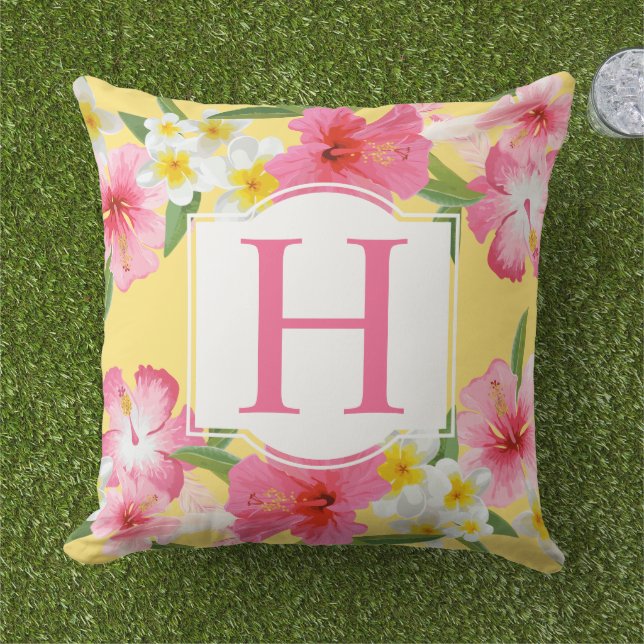 Tropical Yellow Pink Flowers Custom Monogram Outdoor Pillow (Grass)
