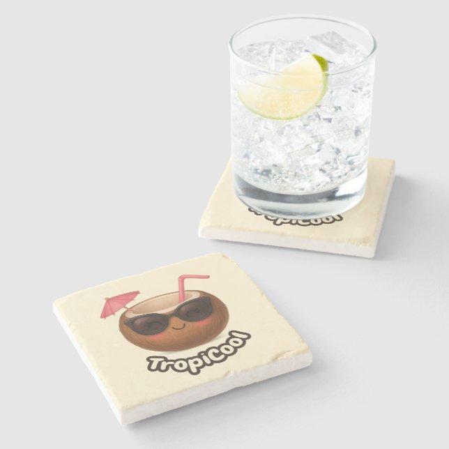 TropiCool Coconut – Cute Summer Stone Coaster (Side)