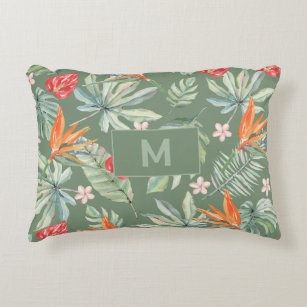 Tropics Flower Foliage Fantasy with Monogram Accent Pillow