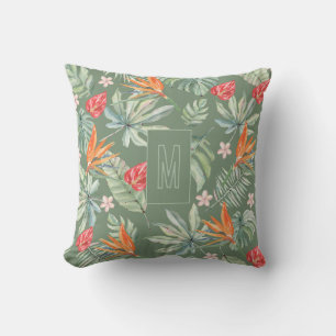 Tropics Flower Foliage Fantasy with Monogram Throw Pillow
