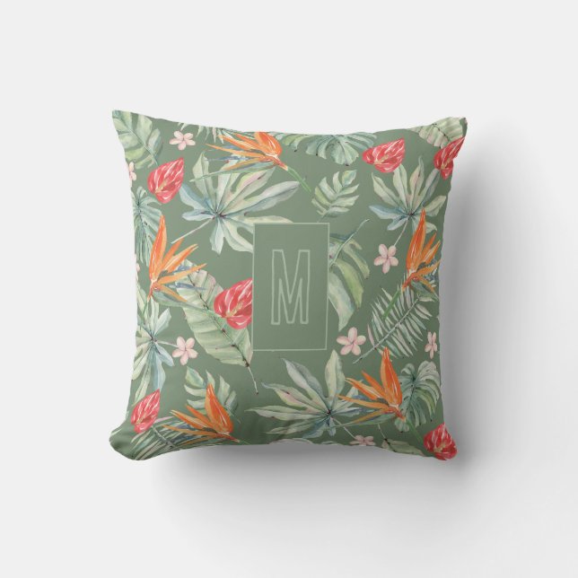 Tropics Flower Foliage Fantasy with Monogram Throw Pillow (Front)