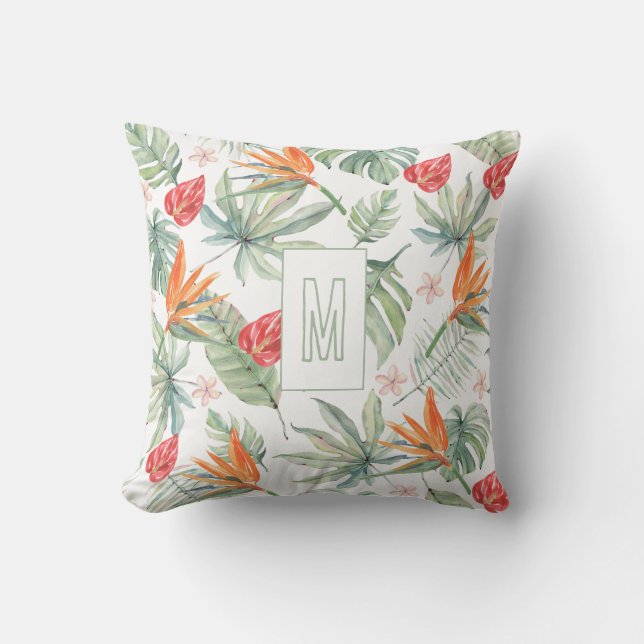 Tropics Flower Foliage Fantasy with Monogram Throw Pillow (Front)