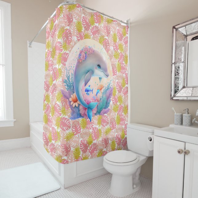 Tropiques Roses Avec Rideau De Douche Dauphin (En situation)