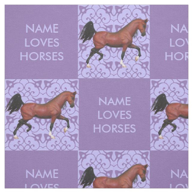 Trotting Bay Arabian Horse Purple Pattern Fun Fabric (Swatch)