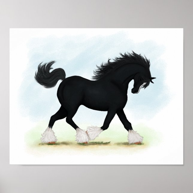 Trotting Black Shire Horse Equestrian Poster (Front)