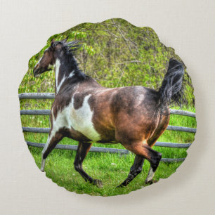 Trotting Pinto Paint Stallion on a Horse Ranch Round Pillow