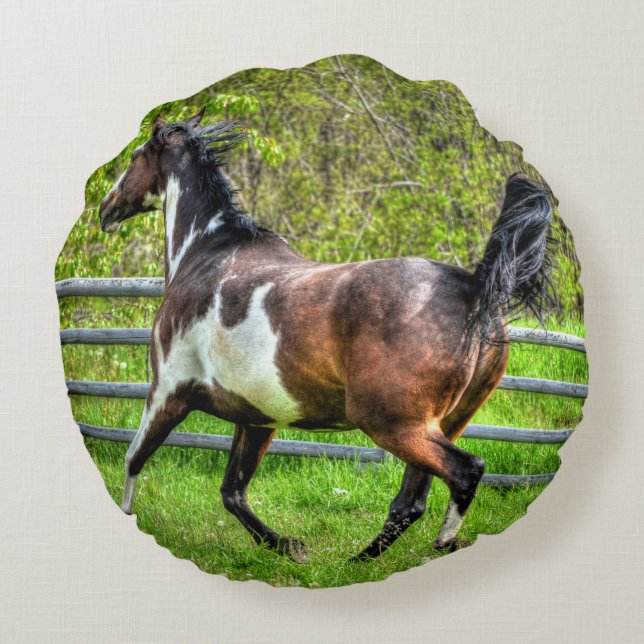Trotting Pinto Paint Stallion on a Horse Ranch Round Pillow (Back)