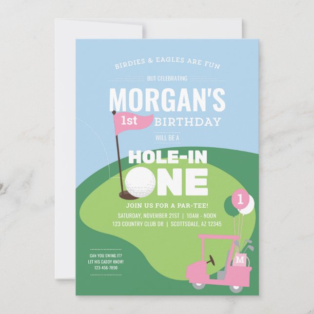 Trou de golf rose en une invitation d'anniversaire (Devant)