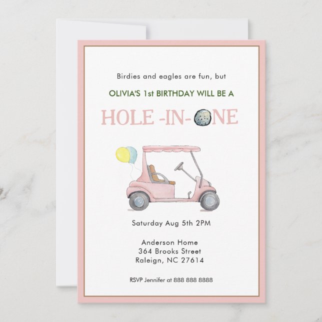 Trou en une fille 1er anniversaire Invitation (Devant)