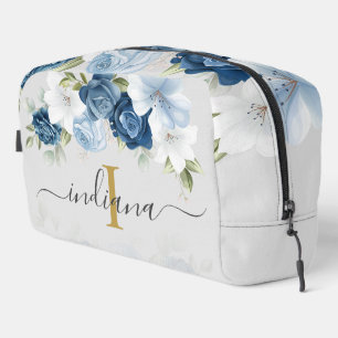 Trousse De Toilette Bleu Poussiéreux Floral Monogramme Écriture Aquare