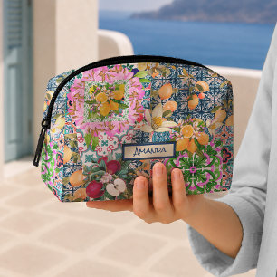 Trousse De Toilette Carreaux floraux de citrus siciliens bleus roses c