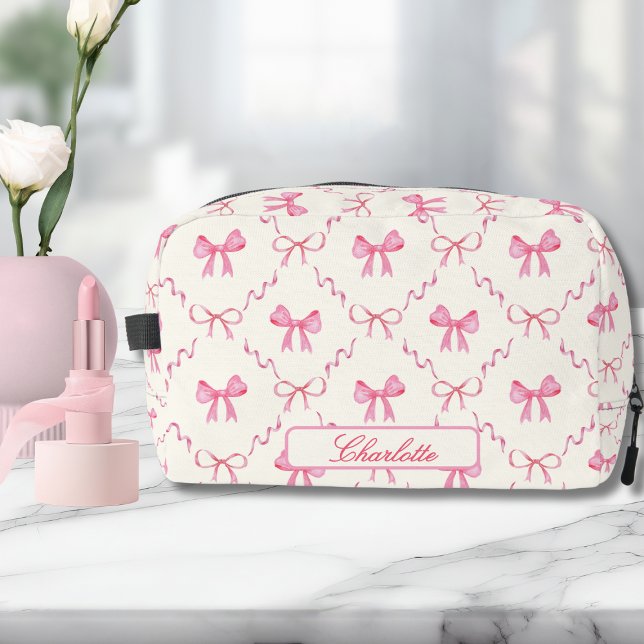 Trousse De Toilette Coquette rose Bow (cute elegant pink bow coquette cosmetics bag toiletry kit with custom name in calligraphy script)