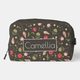Trousse De Toilette Custom Name Brown Red Pink Floral Pattern