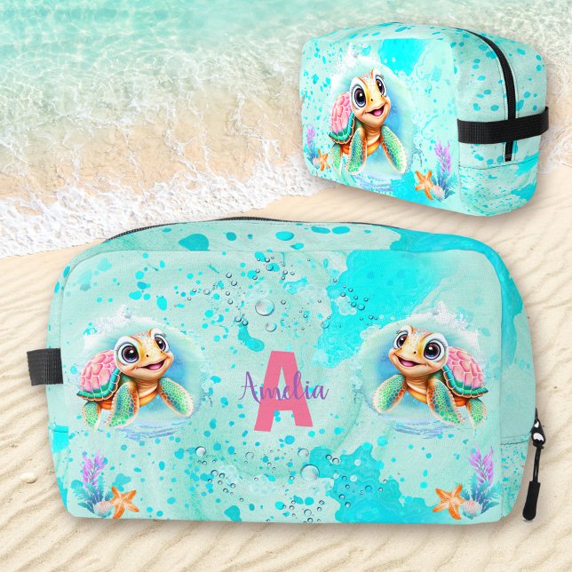 Trousse De Toilette Cute Happy Turtle Girl Ocean Turquoise Rose Nom (Cute Happy Turtle Girl Ocean Turquoise Pink Name Dopp Kit)