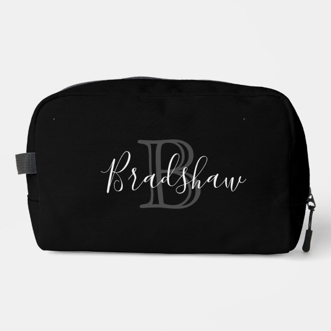 Trousse De Toilette Élégant Monogramme d'argent noir Nom personnalisé (Recto)
