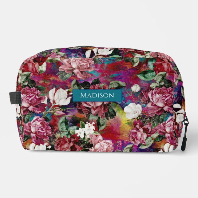 Trousse De Toilette Élégant rose fleurs rouge motif monogramme (Recto)