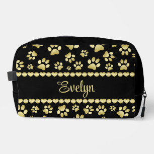 Trousse De Toilette Empreintes de patte dorées sur fond noir avec nom 