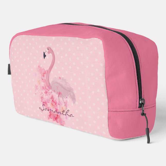 Trousse De Toilette Flamant rose d'aquarelle rose Floral et points nom (Coin droit)