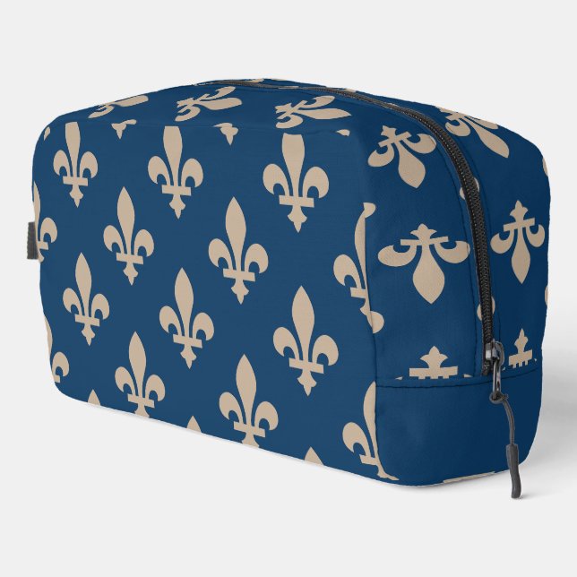 Trousse De Toilette Fleur de Lis Motif, Royal French, Crème sur Blue (Coin droit)