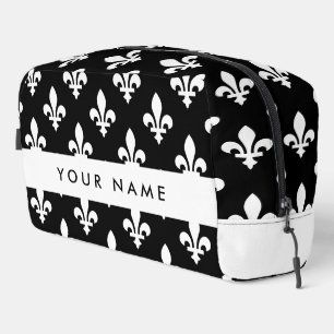 Trousse De Toilette Fleur de Lis, Noir sur Blanc, Noir, Votre Nom