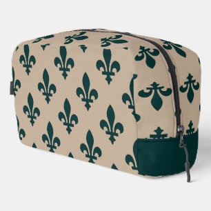Trousse De Toilette Motif Fleur de Lis, Vert Royal Français sur Crème
