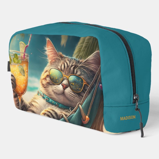 Trousse De Toilette Nom personnalisé Chats de vacances tropicaux (Coin droit)