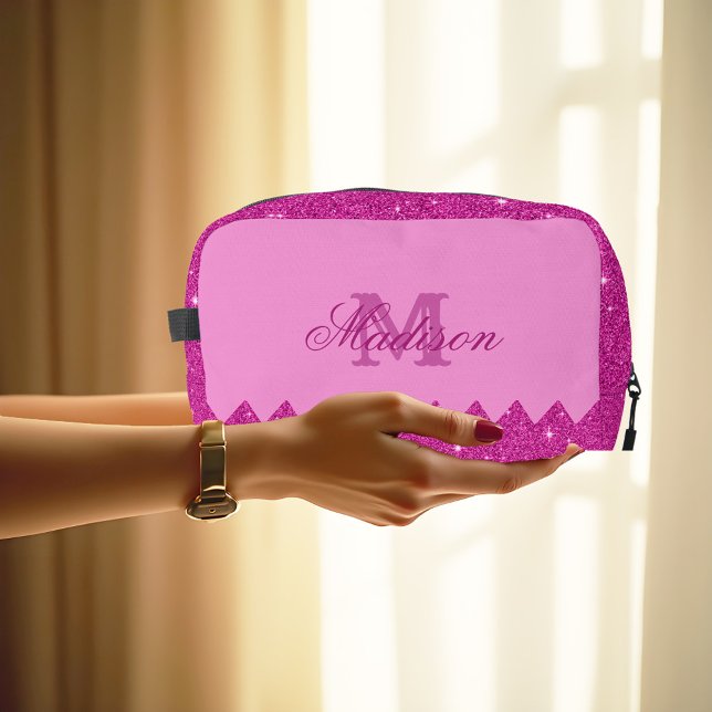 Trousse De Toilette Parties scintillant rose fille zigzag, monogramme, (Créateur téléchargé)